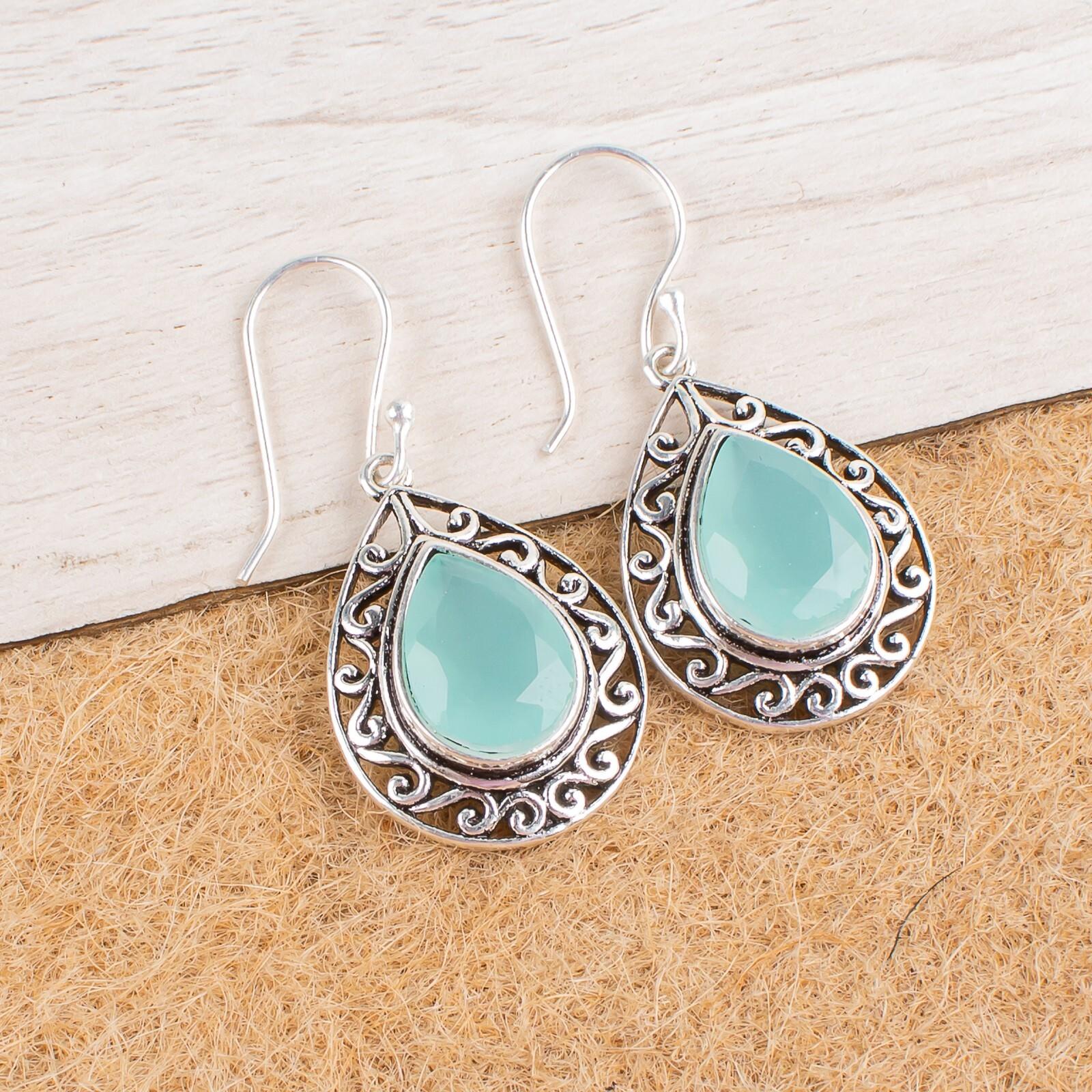 

Aqua Chalcedony Gemstone 925 Sterling Silver Jewelry Handmade Earrings 1.72 CE-4-17