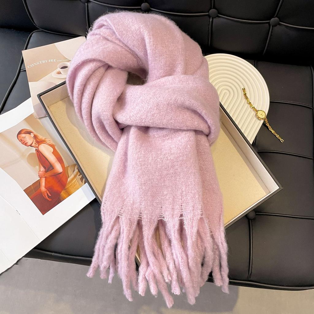 Solid color haze blue scarf female winter fluffy hair thickened student white student warm scarf blue scarf