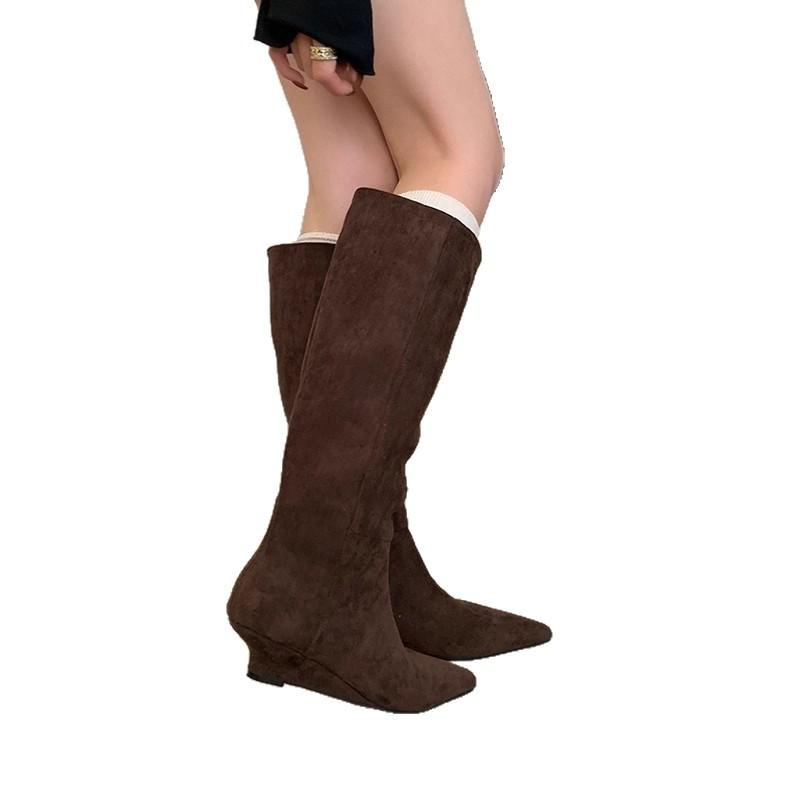 Heel pointed head suede thin tall knight boots women's small height increase long boots but knee pile long boots