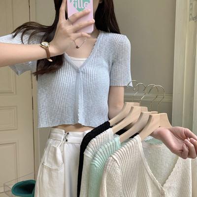 Ice Silk Knitted Short Sleeved Cardigan Thin Women's Shawl Summer Outfit with Camisole Skirt Sun Protection Cover French Style Small Camisole Shoulder