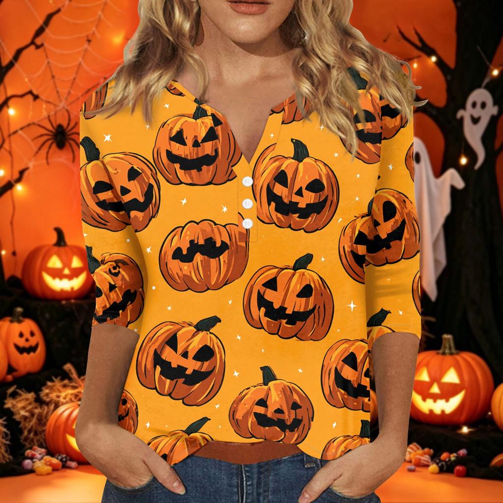 Women's Halloween Print V-Neck Short Sleeve T-Shirt with Decorative Buttons for Casual Fall Outfits