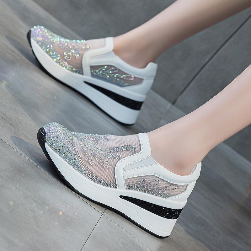 New embroidered wedge heel single shoes mesh breathable rhinestone muffin platform casual fashion women's shoes