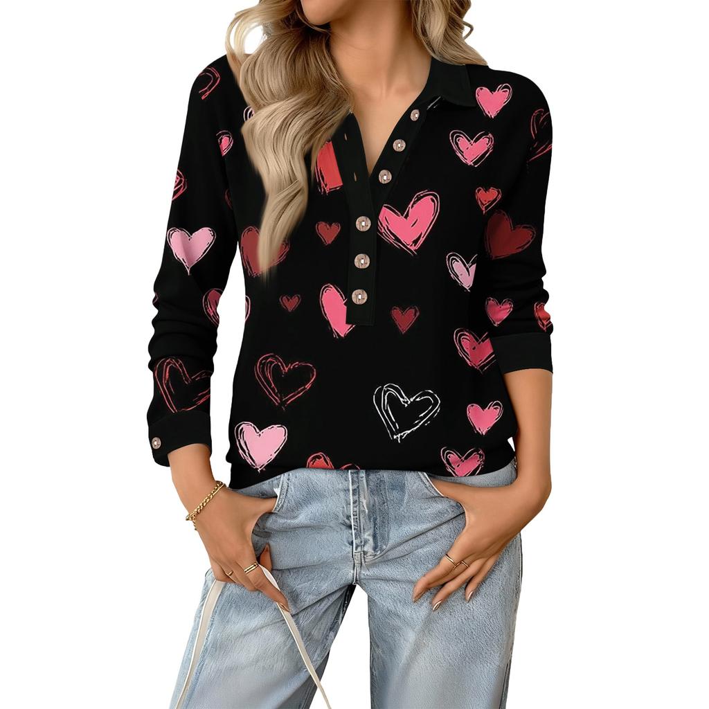 Damen Retro Street Lässiger V-Ausschnitt Langarm Knopf Valentinstag Herz Pullover Top