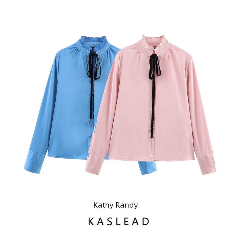 Kaslead New Arrival Women's Fashion Style Fashion Satin Chiffon Flounce Trim Lace Up Long Sleeves Shirt