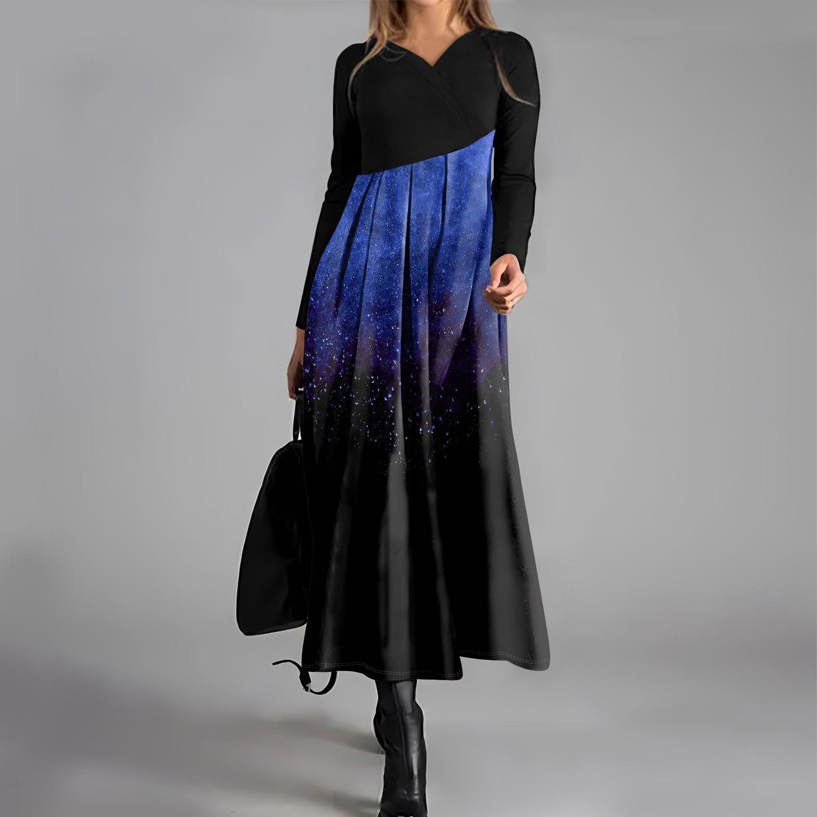 

Жіноча повсякденна модна сукня з V-подібним вирізом та довгим рукавом, кольоровий блок, градієнтний принт, кишеня на талії, велика сукня, що розкльошується XXXL