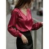 New Women's French Elegant Puff Sleeve V-neck Satin Long Sleeve Blouse
