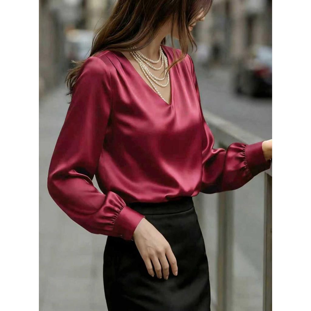 New Women's French Elegant Puff Sleeve V-neck Satin Long Sleeve Blouse