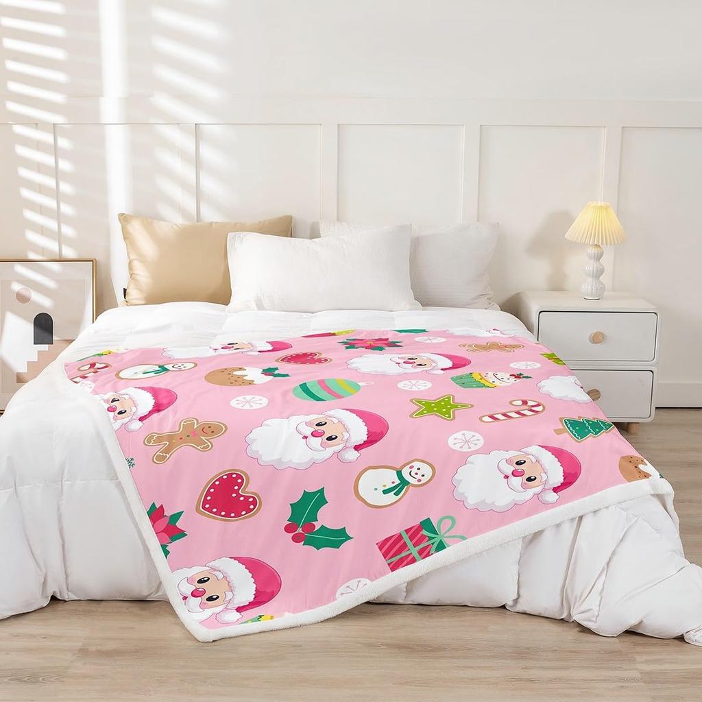 Cartoon Santa Claus Blankets,Merry Christmas Throw Blanket for Kids Girls Boys Teens Room Decor,Snowflake Gingerbread Fleece