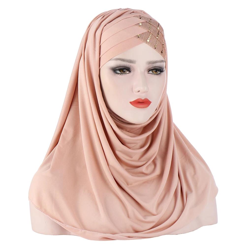 Muslim Women Long Scarf Pull On Ready Wear Instant Hijab Chemo Cap One Piece Amira Head Wrap Turban Femme Shawl Bandanas Scarves