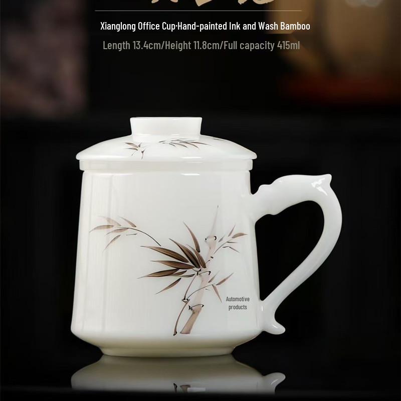 Large Hand-Painted Jade Porcelain Cup with Lid and Handle for Tea Brewing