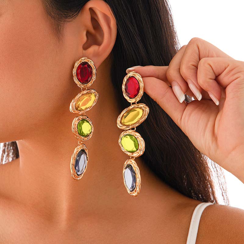 Exaggerated Colorful Crystal Long Pendant Earrings  for Women Elegant Geometric Piercing Earrings Wedding Bridal Y2K Jewelry