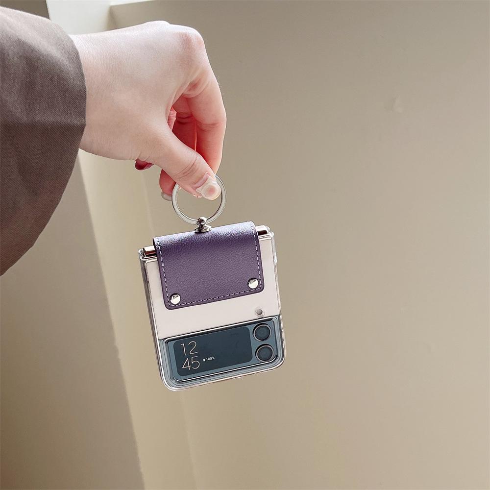 Samsung Galaxy Z Flip 4 Leather Protective Case with Transparent Finger Ring Buckle