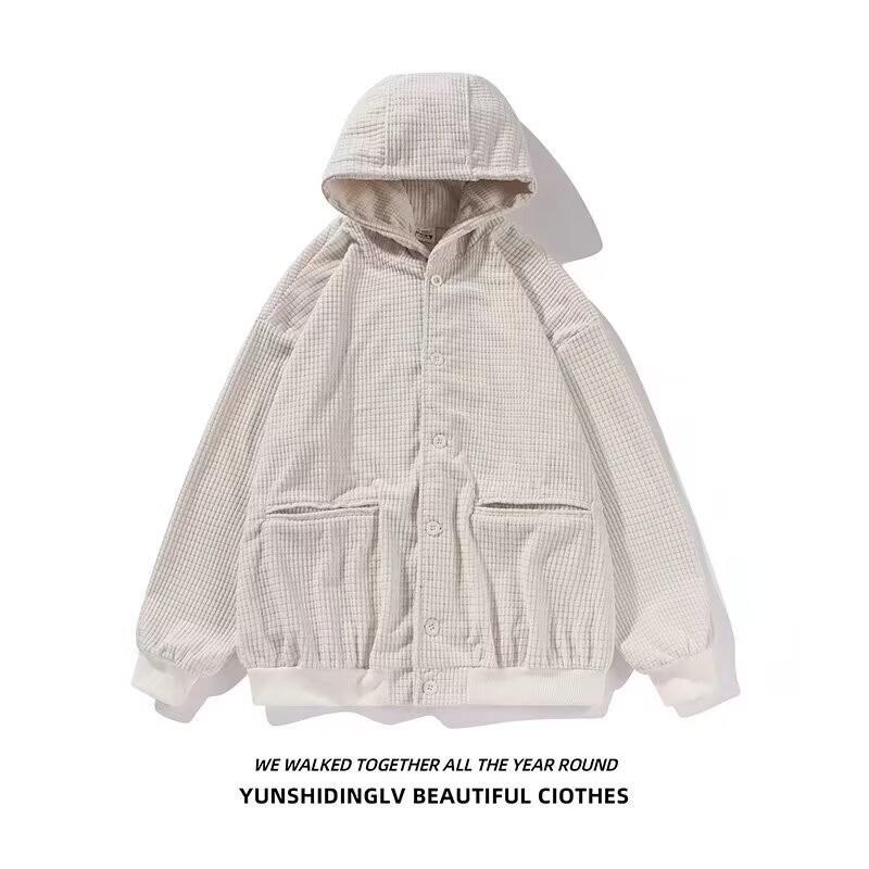 Men's Oversized Retro Waffle Knit Hooded Sweatshirt - Heavy-Weight Casual Jacket for Spring & Autumn by Trendy Brand