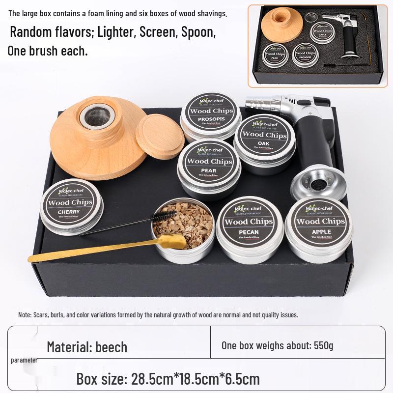 Popular Cocktail Smoker Set: Wooden Smoker, Wood Chips, Bartending Tools, and Ice Cubes