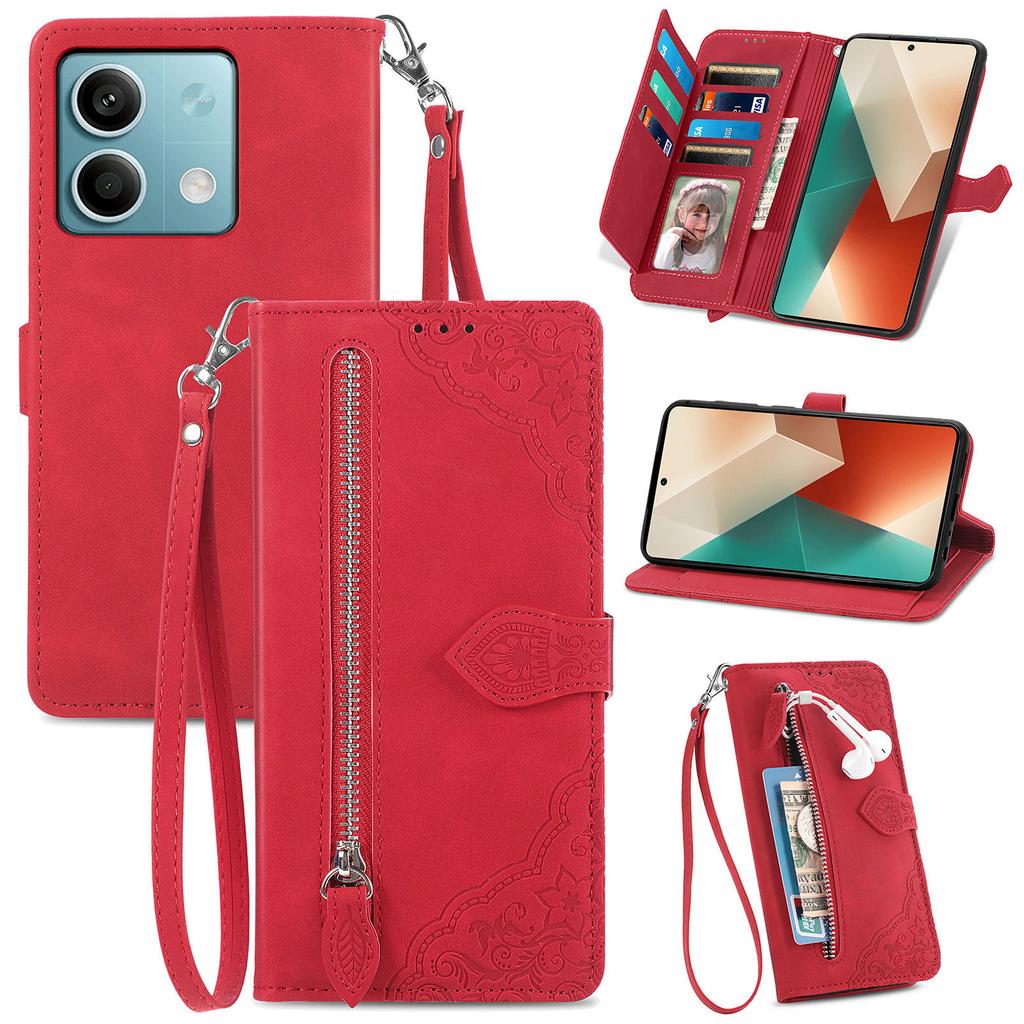For Xiaomi Redmi Note 13 4G Zipper Wallet Case with Strap Flower Imprint PU Leather Phone Cover