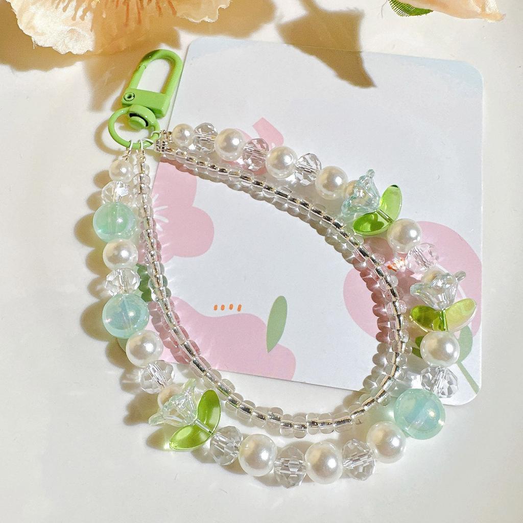 Fashion Double Layer Flower Beaded Charm Pendant Chain Phone Strap Pocket Keychain Strap Decoration for Keys Bag Purse