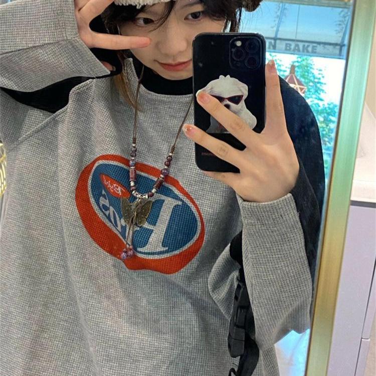 Y2K Vintage hosszú ujjú póló női harajuku utcai viselet szürke pulóverek túlméretezett retró patchwork nyomtatású pólók