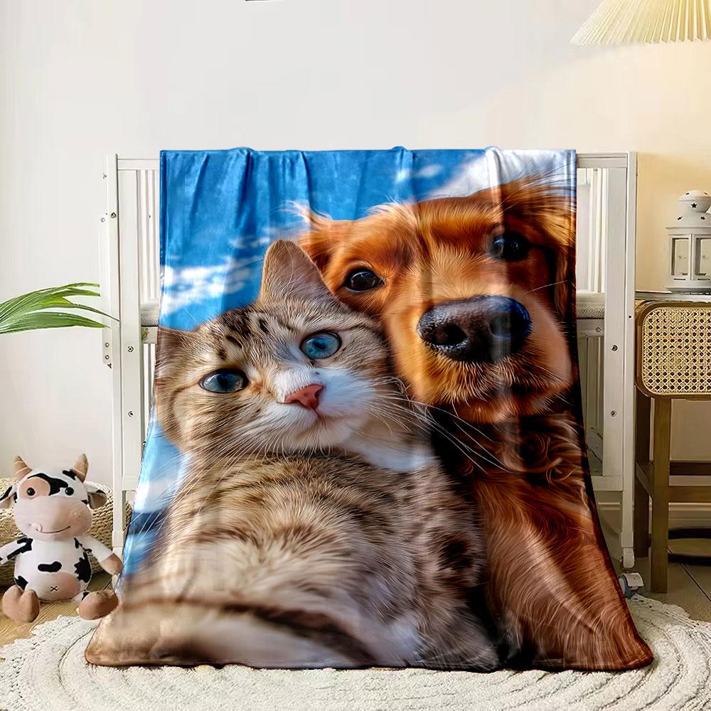 A cat and dog are closely posing together under a bright blue sky. for all seasons blanket lunch break throw gift 80cm x 120cm