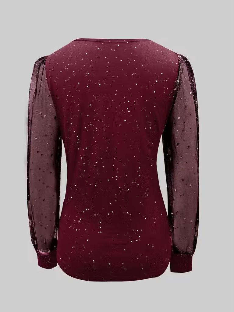 European Style V-Neck Long Sleeve Mesh T-Shirt