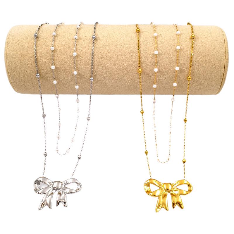 Elegant Gold Plated Double Layer Bow Pendant Necklace for Women - Titanium Steel Clavicle Chain, European American Style
