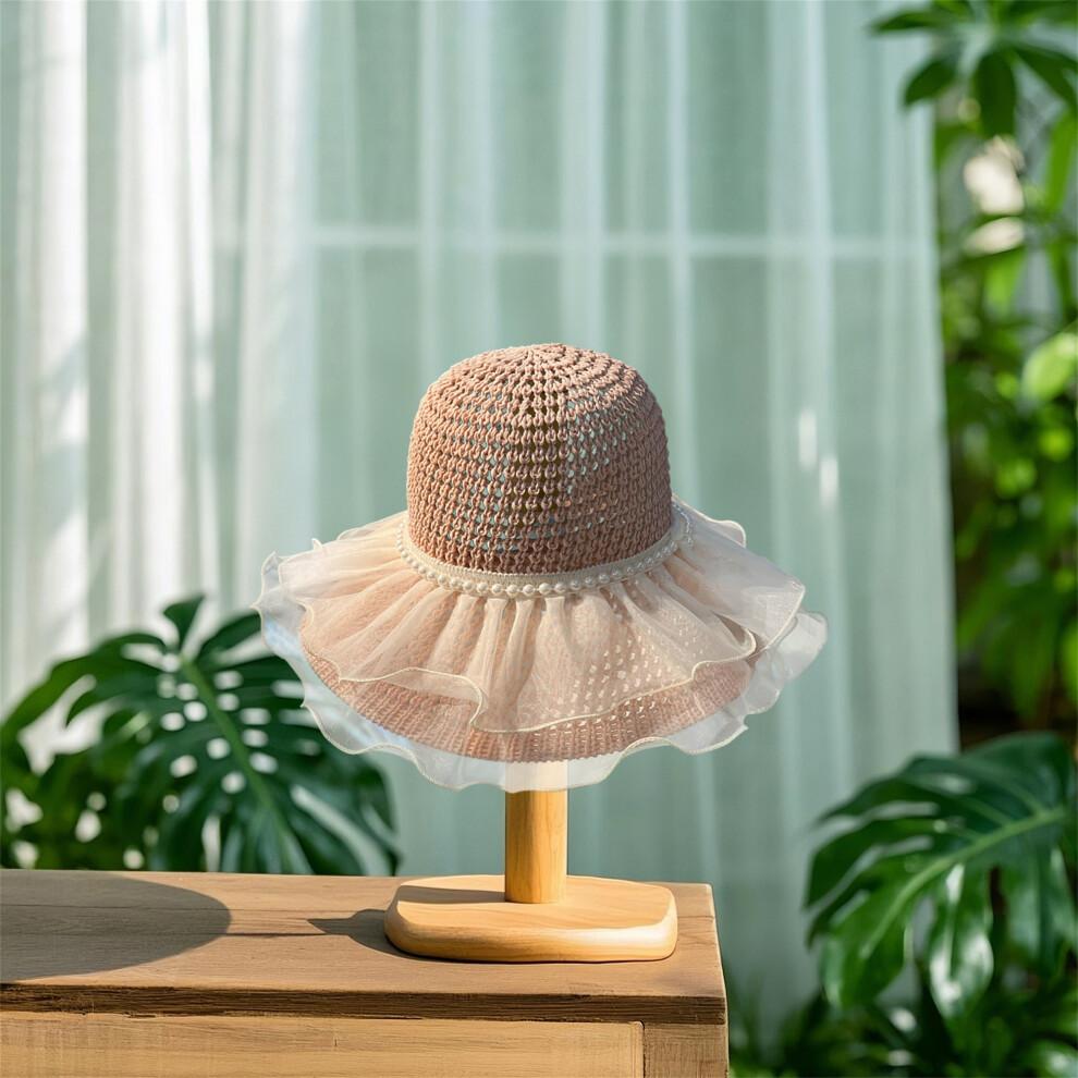 (One Size, Pink) Women's Woven Sun Hats Outdoor Fashionable Mesh Pearl Wide Brim Sun Protection Beach Hat