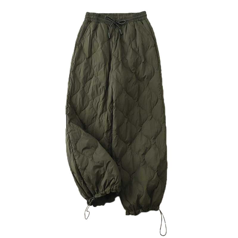 Winter New Literary Tie Elastic Waist Diamond Lattice Embossed Line Cotton Pants Female Windproof Warm Long Cotton Pants