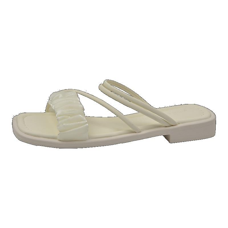 Fashion 2025 New Pleated Square Toe Heeled Slippers Women's Elegant Summer Sandals Designer Comfort Pumps Fairy Soft Sandalias De Mujer