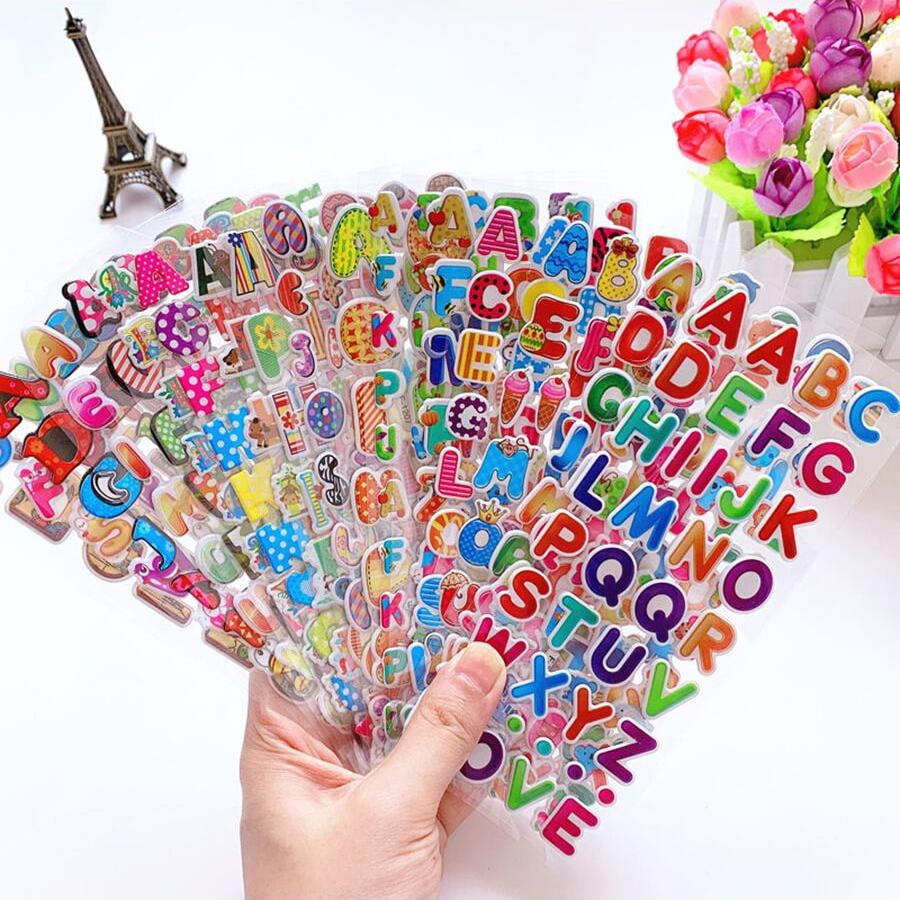 6/12/24pcs Cartoon Bubble Stickers (Letter Design) Self-adhesive & Easy to Stick for Laptop/Luggage Decoration Student Rewards