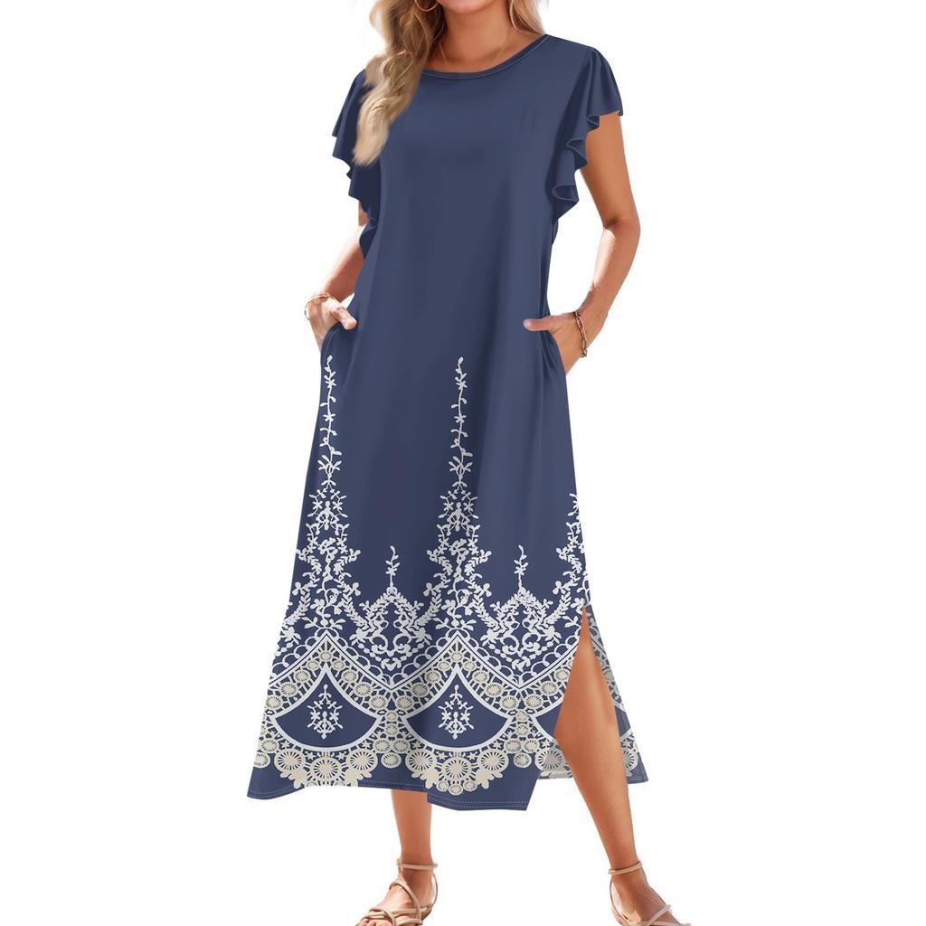 Ladies' Fashionable Summer Casual Pleated Sleeves, Loose Color Block Patchwork Printed Short-sleeved Round Tie Pocket Beach Dress