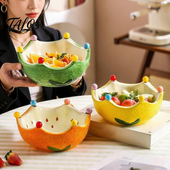 Fruit Plate with Fruit Fork, Ceramic Fruit Bowl, Orange Decorative Snack Serving Dish, for Kitchen Counter And Dining Table
