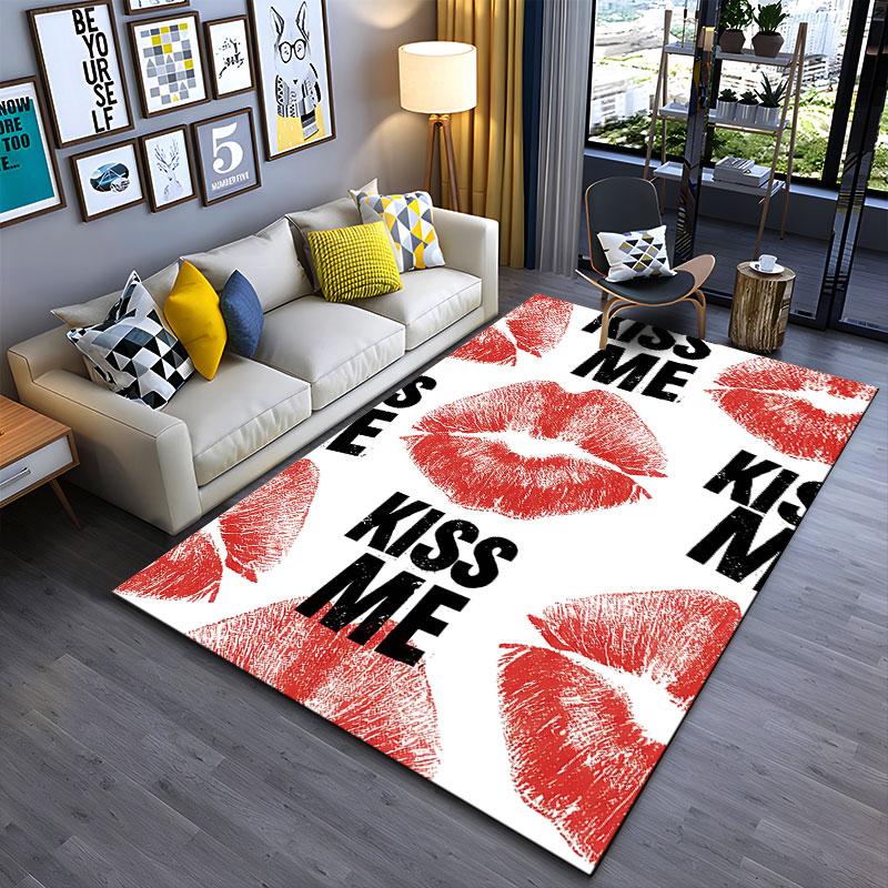 Red Lips Kiss Me Text Design suitable as a non-slip mat for the living room or bedroom sofa