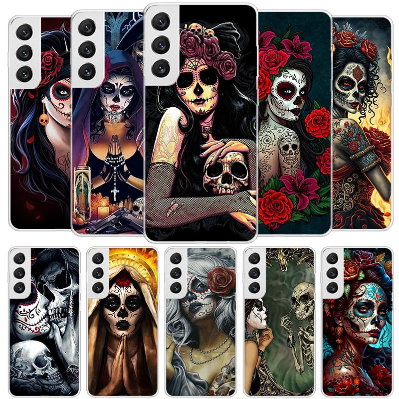 Catrina Beautiful Rose Girl Skull Cover Phone Case For Samsung Galaxy S26 S25 Edge S24 Ultra S23 S22 Plus S21 S20 FE Soft Fundas