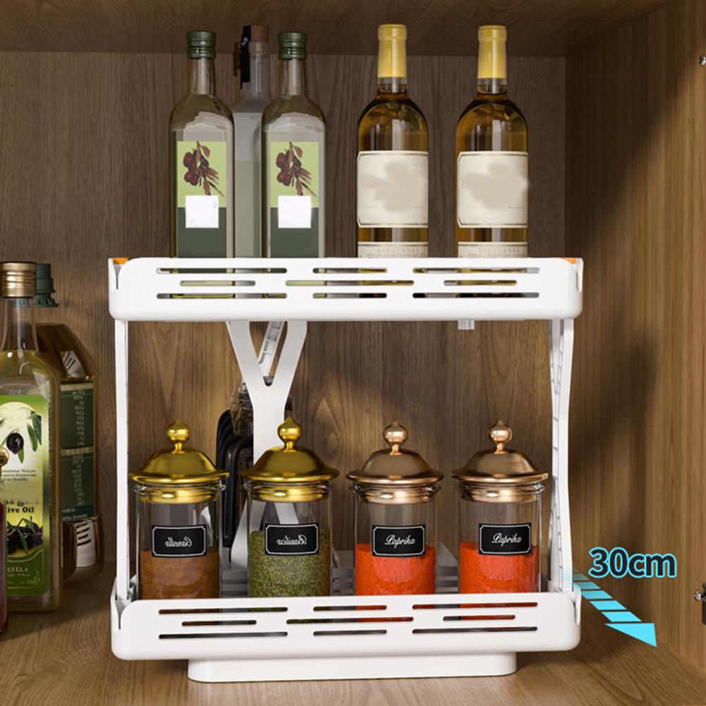 Pull Out Spice Shelves Non-Skid Base Rotating Double-Decker Kitchen Cabinet Organizer Modular Design for Seasoning Jars Medicine