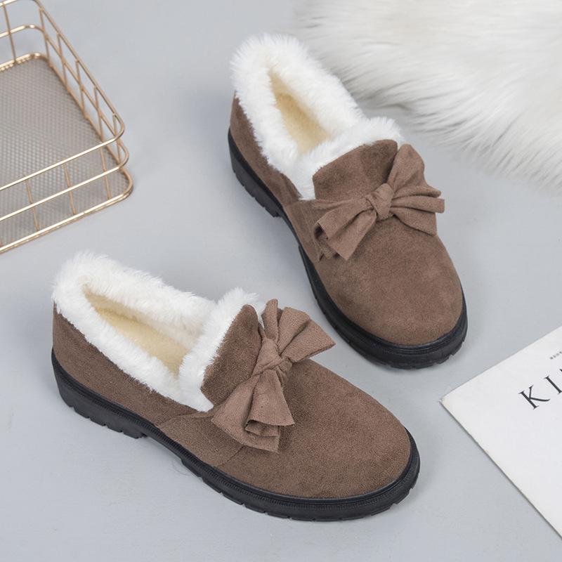 Fashion Women's Fashion Solid Color Fluffy Loafers Bowknot Decor Soft Sole Platform Shoes Warm Lined Plush Winter Shoes