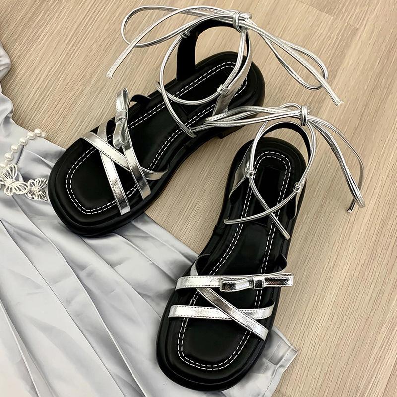 

Shoes women s 2025 new sandals with skirt silver bow open-toed thick heels 40 серебряный