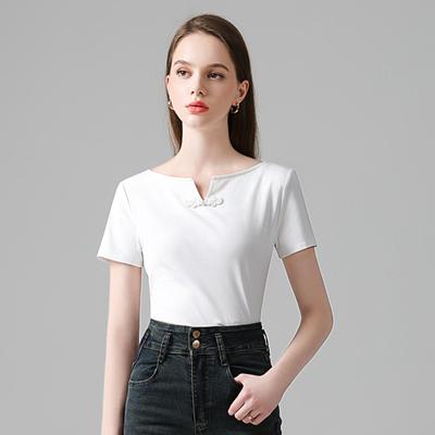 Short-sleeved T-shirt for Women's New Women's One-shoulder Solid Color Cotton T-shirt New Chinese Style Folding Waist Top