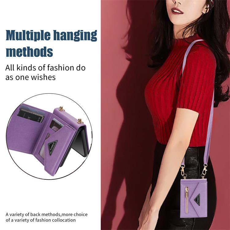 Crossbody Lanyard Leather Phone Case for Samsung Galaxy Z Flip 6 5 4 Flip6 Flip5 Flip4 Zipper Wallet Card Slot Holder Cover