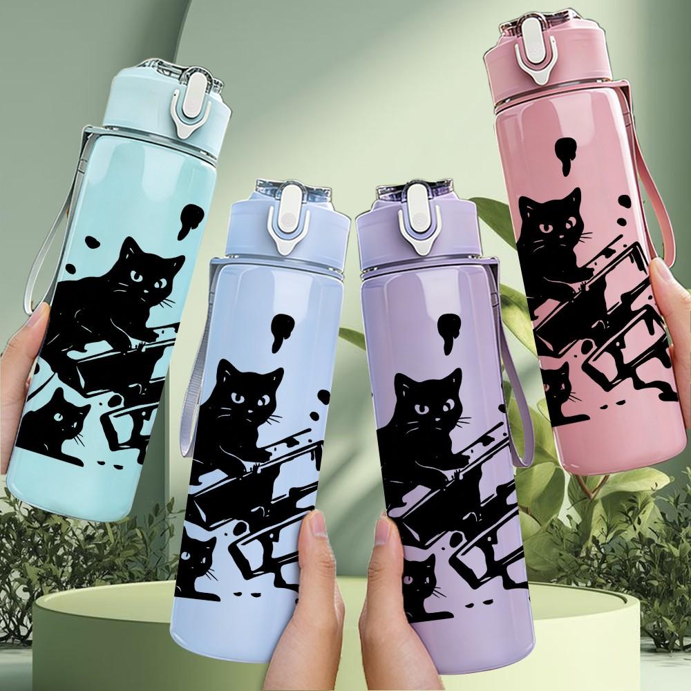 1PC Ink Style Multiple Black Cats 750ml Color Plastic Sports Water Bottle Leakproof Flip Straw Lid For Sports Office Home Use
