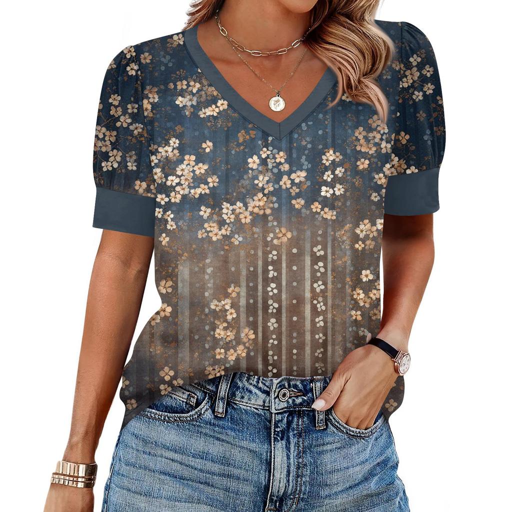 Women's Fashion Casual V- Neck Short Sleeve Print Shirt Women's Up Tops