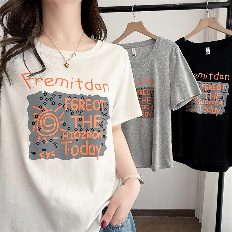 2026 Plus Size Women's Short Sleeve Letter Print Cotton T-shirt, Casual Round Neck Top