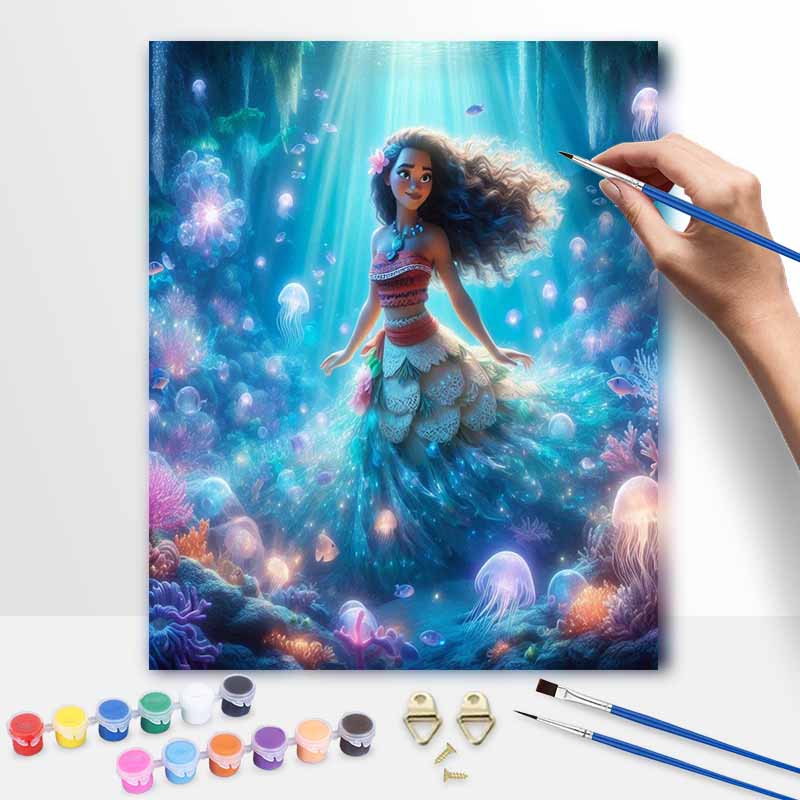 Disney Moana Ocean Painting Kit Classic Style Home Decor Craft Gift Idea Underwater Princess Scene Shining Jellyfish Dreamy Artistic Decor 20x30cm