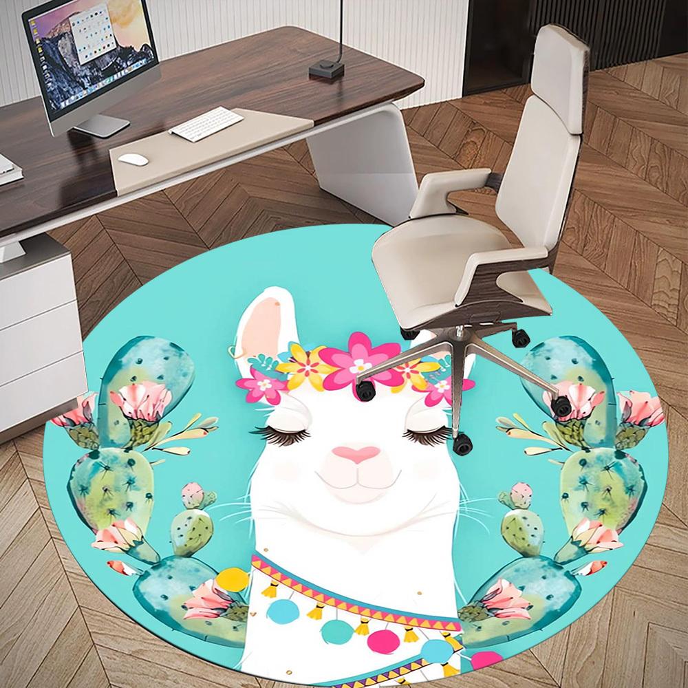 1pc Llama, Cactus Round Chair mat Area Rug - Non-Slip, Floor Mat for Office, Bedroom, home decor Christmas Gift p0811053