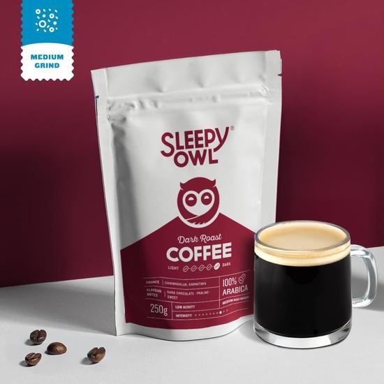 Sleepy Owl Dark Roast Ground Coffee for Pour Over | 100% Arabica | Medium Grind Coffee | Also Suitable for Aeropress, Drip machine | 250g