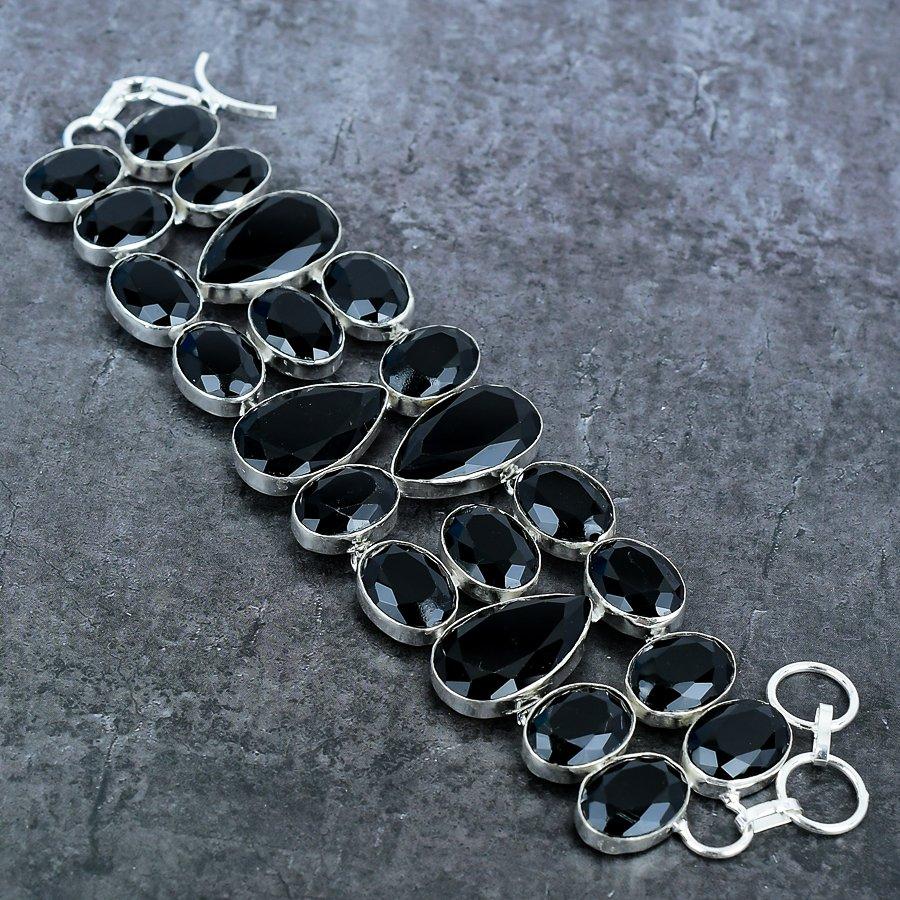 Natural Black Spinel Gemstone Handmade 925 Sterling Silver Bracelet 7-8" i0J99