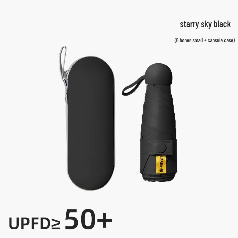 Compact Black Capsule Umbrella with UV and Rain Protection - Five-Fold Design