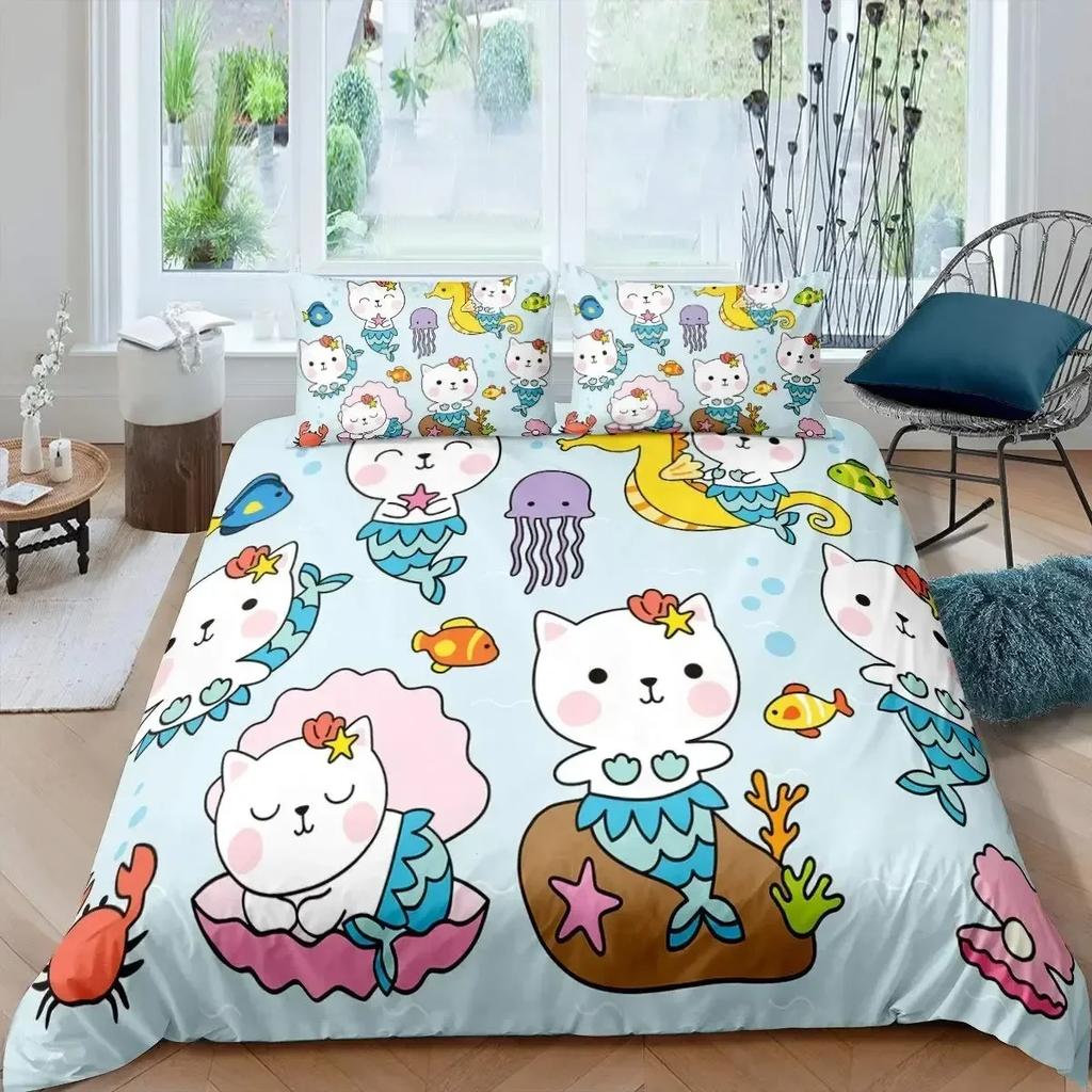 Rainbow Cartoon Cat Colorful Mermaid Comfortable Duvet Cover Pillowcase Bedding Set Children Bedroom Decoration Home Textile