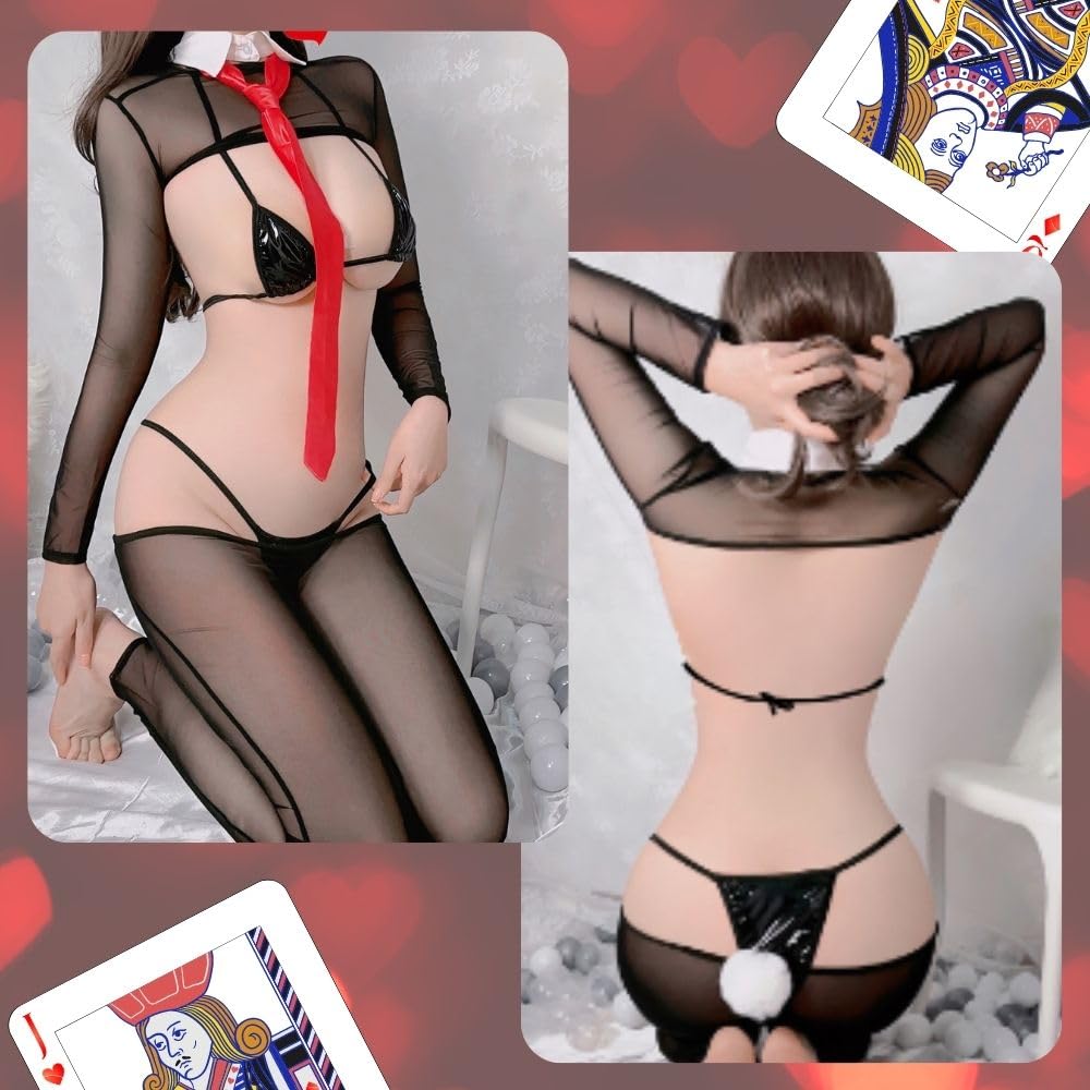 Bunny Girl Erotic Cosplay 7 Piece Set Reverse Bunny Suit Open Chest Sexy Sheer [MONEON]