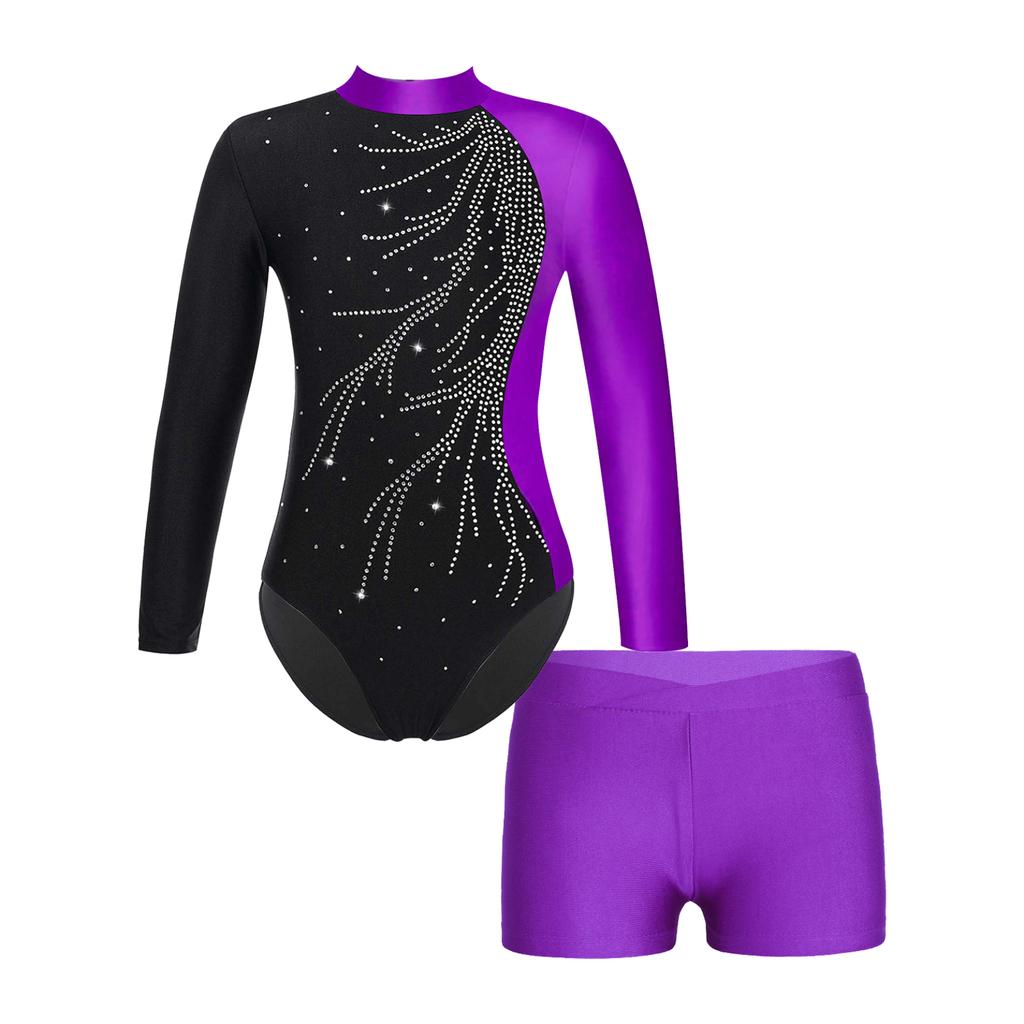 Kids Girls Gymnastics Skating Long Sleeve Leotard Jumpsuit with Shorts Dancewear