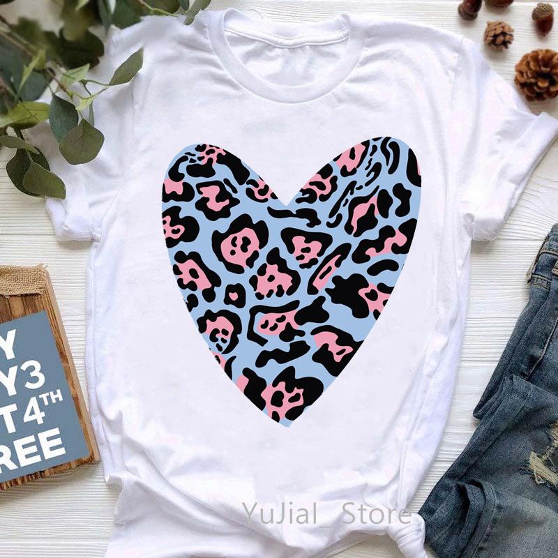 2025 Leopard Love Print T-Shirt Women Summer Fashion Tshirt Femme Harajuku Kawaii Clothes White Casual T Shirt Female