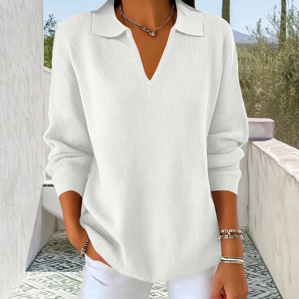 Women's Casual Knit Sweater with Lapel Collar Long Sleeve Color